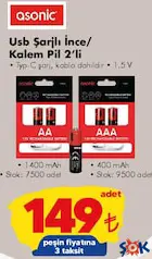 ASONİC USB ŞARJLI İNCE/KALEM PİL 2'Lİ fiyat ve kampanya bilgisi